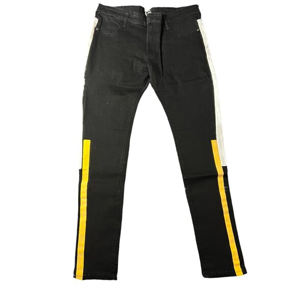 Men’s Black Skinny Jeans with White and Orange Stripes - Picture 1 of 2